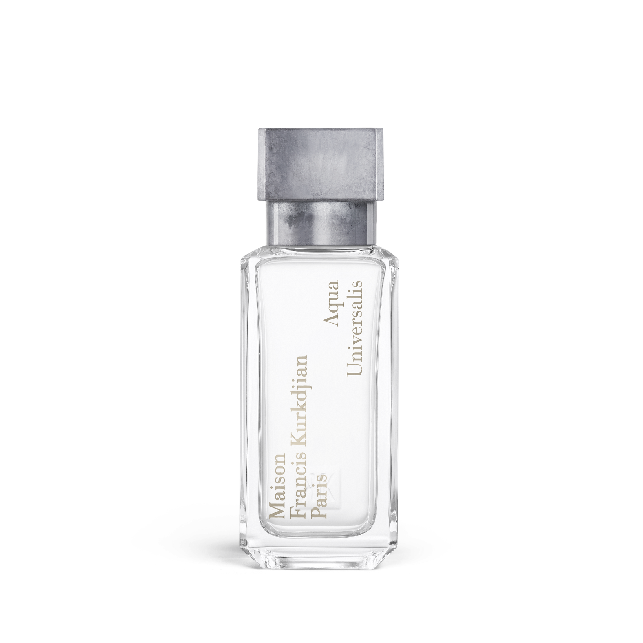 Maison Francis Kurkdjian Aqua Universalis — clear rectangular bottle, matte metal cap, lettering on glass (official product)