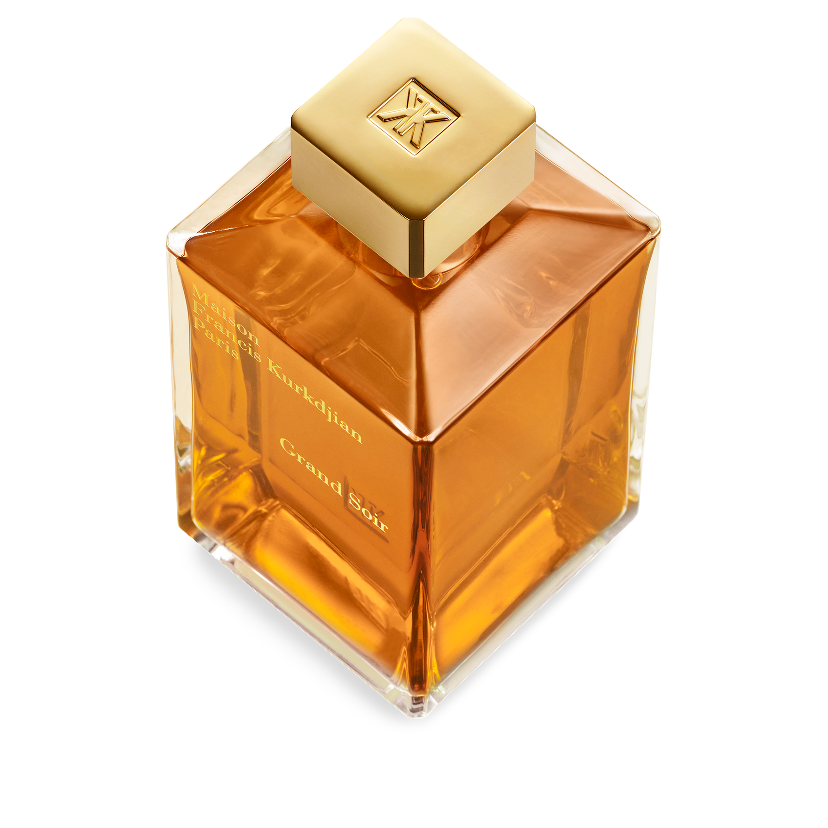 Maison Francis Kurkdjian Grand Soir eau de parfum — cubic glass bottle, gold cap, amber liquid (official product)